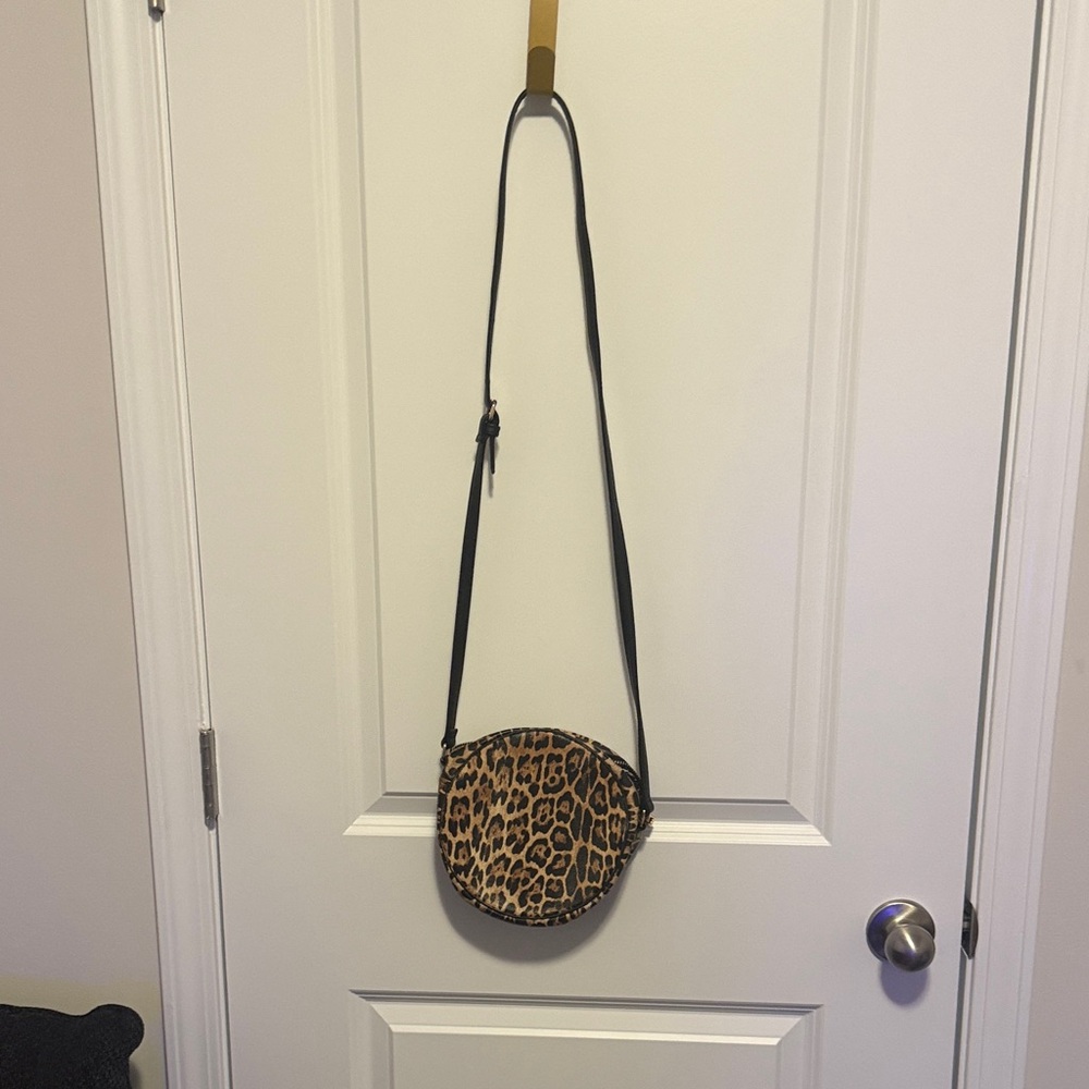 Leopard Print Round Crossbody Bag with Black Strap